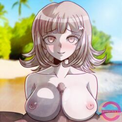 1boy 1girls censored danganronpa danganronpa_2:_goodbye_despair eye_contact female_focus hair_ornament large_breasts looking_at_viewer nanami_chiaki paizuri pink_hair seireiart short_hair solo_focus straight_hair super_danganronpa_2 titjob