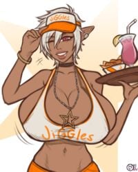 choker colette_belrose dark-skinned_female dark_skin elf final_fantasy_xiv huge_breasts jiggles looking_at_viewer overflowing_breasts pinup pointy_ears raiounsfw red_eyes smile white_hair wink