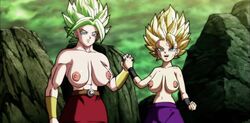 2girls accurate_art_style alternate_breast_size blonde_hair blue_eyes breasts caulifla dragon_ball dragon_ball_super edit edited female female_only green_eyes green_hair half-dressed holding_hands kale kale_(berserker) large_breasts legendary_super_saiyan light-skinned_female light_skin looking_away medium_breasts miniskirt monkeyman_(artist) multiple_girls nipples open_mouth outdoors pants sagging_breasts saiyan scratches screencap screenshot screenshot_edit short_hair smiling spiky_hair standing super_saiyan super_saiyan_2 topless yellow_hair