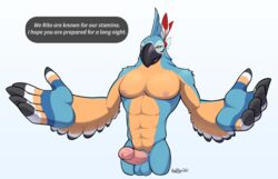 2020 abs anthro avian badroy balls beak black_beak blue_balls breath_of_the_wild dialogue english_text erection genitals glans humanoid_penis kass_(zelda) male male_only nintendo nipples nude penis pink_nipples pink_penis rito signature simple_background solo solo_male standing text the_legend_of_zelda urethra video_games white_background yellow_eyes