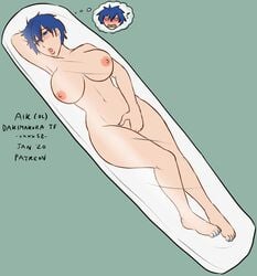 aik_(xxxx52) big_breasts blue_eyes blue_hair blue_nails blush breasts dakimakura female hand_between_legs inanimate inanimate_transformation nipples original_character patreon thought_bubble transformation wrapped xxxx52