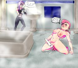 bathroom big_breasts chubby coldhardtruth female jojo's_bizarre_adventure masturbation melone pink_hair purple_hair recording rule_63 sex_toy squirting steamy sweaty vento_aureo vinegar_doppio voyeurism yuri