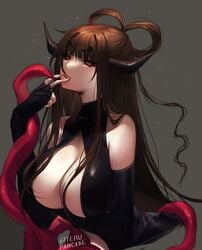 big_breasts brown_hair horns orange_eyes original tagme terupancake