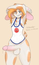 1boy anthro armpits arms_above_head bodily_fluids clothing erection fur huge_cock jersey male_only penis precum rabbit rabbit_ears smile stareo_(sona) stareostar wide_hips