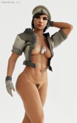 3d abs black_eyes black_hair blender bottomless dark-skinned_female dark_skin dog_tags female female_pubic_hair fingerless_gloves functionally_nude high_resolution looking_away military military_hat military_uniform mostly_nude muscle muscular_female open_jacket overwatch pharah pharah-best-girl pubic_hair short_hair tanlines tanned uniform