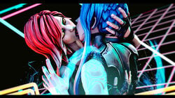 2girls 3d borderlands borderlands_3 cheopsfm holding_head kissing lilith_(borderlands) looking_at_viewer maya_(borderlands) source_filmmaker standing tongue tongue_kiss yuri