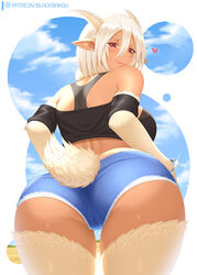 1girls animal_ears animal_legs animal_tail ass bare_shoulders big_breasts blacksaikou breasts caprine cottontail denim_shorts female female_only fluffy_tail goat_horns horizontal_pupils horns huge_ass jean_shorts large_breasts licking_lips looking_at_viewer looking_back low-angle_view lowleg monster_girl monster_musume_no_iru_nichijou off_shoulder platinum_blonde_hair pointy_ears presenting_hindquarters rear_view red_eyes ridged_horns saane_(monster_musume) satyr short_tail shorts sky solo tail thick_thighs thigh_gap thighs white_hair white_horns