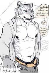 2017 abs anthro blue_eyes bottomwear bulge clothed clothing dialogue english_text felid frederick fur hi_res koorivlf looking_at_viewer male male_only mammal muscular muscular_male navel nipples open_mouth open_shirt pantherine pants pecs profanity shirt smile solo speech_bubble standing text tiger topwear underwear white_body white_fur