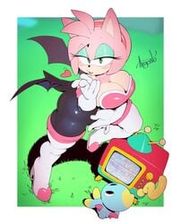 alternate_breast_size amy_rose amy_the_bat argento armwear ass big_ass big_breasts blowing_kiss breasts chao_(sonic) cleavage clothing costume_switch elbow_gloves electronics female gloves heart heels latex legwear looking_at_viewer pinup rouge_the_bat_(cosplay) sega sonic_(series) television thick_thighs thighs tight_clothing wings