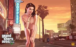 1girls accurate_art_style arm_up bare_shoulders barefoot blowing_kiss bracelet brown_eyes brown_hair buildings city collarbone earrings edit grand_theft_auto grand_theft_auto_v gtauto-x hand_on_knee leaning_forward logo looking_at_viewer naked nude nude_female nude_filter palm_tree photoshop public_nudity rockstar_games standing tattoo thighs tree truck