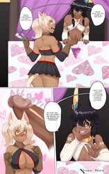 1boy 1girls amber_eyes animal_humanoid arm_markings arm_warmers armwear ass big_breasts big_penis black_hair black_sclera blonde_hair blush bottomwear box breasts canid canid_humanoid canine canine_humanoid cleavage clothed clothing comic dark-skinned_femboy dark-skinned_male dark_skin dialogue duo egyptian english_text erection facial_markings fangs female femboy femboy_on_female genitals gift gloves hair handwear hat head_markings headgear headwear heart hi_res humanoid humanoid_penis in_box in_container inner_ear_fluff inside jackal_humanoid male mammal mammal_humanoid markings miniskirt open_mouth party_hat penis retracted_foreskin sachi sachi_(simple-phobiaxd) silver_eyes simple-phobiaxd skimpy skirt speech_bubble straight tan_body tan_skin text tuft twintails uncut