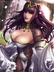 1girls 2019 big_breasts bodysuit breasts bridal_gauntlets bridal_gloves bridal_lingerie bride cleavage curvaceous dress dress_lift eyeshadow female female_focus female_only fire_emblem fire_emblem_awakening fire_emblem_heroes gold goth hair hair_ornament large_breasts long_hair luminyu makeup married necklace overflowing_breasts purple_eyes purple_hair sheer sheer_clothing smile solo solo_female solo_focus tharja_(bridal)_(fire_emblem) tharja_(fire_emblem) very_long_hair voluptuous wedding_dress white_dress