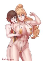 2girls abs aestheticc-meme ahoge annoying_watermark areolae armpits artist_signature belly big_breasts bikini blonde_hair blue_eyes breast_grab breasts brown_hair cleavage female female_only flexing from_behind grey_eyes grin groping half-closed_eyes huge_breasts human incest large_breasts long_hair looking_at_viewer multiple_girls muscles muscular muscular_arms muscular_female navel ponytail pose prosthetic prosthetic_arm purple_eyes reach_around robotic_arm ruby_rose rwby seductive seductive_smile short_hair side-tie_bikini sling_bikini smile standing teeth text thick_thighs thin_waist url watermark white_background wide_hips yang_xiao_long yuri