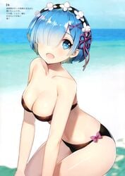 :d alternative_costume asymmetrical_bangs ayami_(annahibi) ayami_garubinu ayamy bandeau bangs bare_arms bare_shoulders beach bikini black_bikini black_swimsuit blue_eyes blue_hair blue_sky blurry blurry_background blush bow breasts clavicle cleavage comic_market comic_market_94 day eyebrows_visible_through_hair female hair_ornament hair_over_one_eye hairband hairpin happy headdress high_resolution jewelry large_filesize leaning_forward lolita_hairband looking_at_viewer medium_breasts navel ocean one_eye_covered open_mouth outdoors pink_bow re:zero_kara_hajimeru_isekai_seikatsu rem_(re:zero) rem_x_shitagi ribbon scan shiny shiny_skin short_hair side_bangs sky smile solo stomach strapless strapless_bikini strapless_swimsuit swimsuit thighs translation_request very_high_resolution water x_hair_ornament