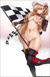 alternate_costume bangs bare_shoulders black_gloves blonde_hair blush breasts censored checkered checkered_flag detached_collar earrings elbow_gloves female fingerless_gloves flag girls'_frontline gloves groin highres holding holding_flag jewelry leg_up long_hair mosaic_censoring navel nephlite nipples nude one_eye_closed ppk_(girls_frontline) race_queen solo thighhighs visor_cap