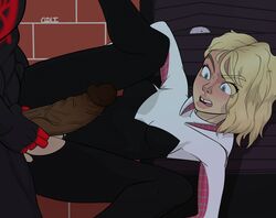 1girls blonde_hair buckteeth coli dark-skinned_male dark_skin eyebrow_piercing female female_focus gwen_stacy gwen_stacy_(spider-verse) huge_cock imminent_sex interracial light-skinned_female male marvel measuring_penetration_depth miles_morales penis penis_awe penis_out ripped_pantyhose shocked spider-gwen spider-man:_into_the_spider-verse spider-man_(miles_morales) spider-man_(series) straight straight_hair surprised