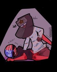 anal anal_insertion anal_sex blue_skin clothed countryhumans cringybanana erection gay grinning hammer_and_sickle hand_on_hip leg_up legs male red_body red_skin russia_(countryhumans) shirt striped_shirt united_states_of_america_(countryhumans) white_skin