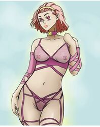 1girls cucaoviedo diamond_is_unbreakable female female_only jojo's_bizarre_adventure lingerie pink_hair reimi_sugimoto see-through_bra see-through_panties solo