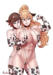 2girls abs aestheticc-meme annoying_watermark cow_print huge_breasts incest multiple_girls muscular_female prosthetic prosthetic_arm robotic_arm ruby_rose rwby seductive seductive_smile smile text thick_thighs watermark yang_xiao_long