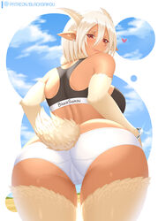 1girls animal_ears animal_legs animal_tail ass bare_shoulders big_breasts blacksaikou breasts cameltoe caprine cottontail eyelashes female female_only fluffy_tail goat_horns horizontal_pupils horns huge_ass large_breasts licking_lips looking_at_viewer looking_back low-angle_view lowleg lowleg_panties monster_girl monster_musume_no_iru_nichijou off_shoulder panties platinum_blonde_hair pointy_ears presenting_hindquarters rear_view red_eyes ridged_horns saane_(monster_musume) satyr short_tail shorts sky solo spoken_heart tail thick_thighs thigh_gap thighs underwear white_hair white_horns white_panties