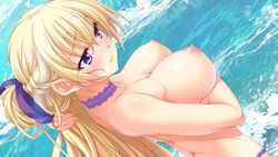 arm_under_breasts blonde_hair blush braid breast_hold breasts choker closed_mouth dutch_angle embarrassed eyebrows_visible_through_hair felicia_aurea_de_eltoria female game_cg hair_lift hair_ribbon kannatsuki_noboru large_breasts looking_away nipples one_side_up outdoors purple_eyes ribbon side_braid solo topless water yuusha_to_odore!