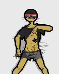 black_skin boxers countryhumans cringybanana erect_penis erection germany germany_(countryhumans) glasses grinning laying_on_back penis red_skin sharp_teeth sheet_grab shirt shirt_lift shirt_pull shirt_up yellow_body yellow_penis yellow_skin