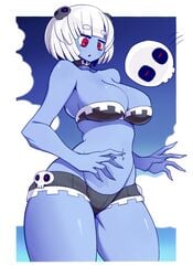 beach big_breasts bikini blue_skin blue_sky cleavage cloud clouds eyebrows_visible_through_hair kara_age original red_eyes short_hair silver_hair skull thick_thighs wide_hips