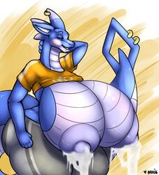 anthro arador_(aradortd) araidian_(artist) big_breasts blush bodily_fluids breasts bulge dragon earpiece furgonomics furry-specific_piercing gynomorph hand_behind_head huge_breasts hyper hyper_breasts hyper_bulge intersex lactating piercing tail_piercing thick_thighs