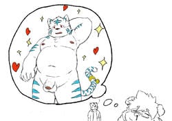 2019 absurd_res anthro balls belly blood bodily_fluids canid canine canis closed_eyes domestic_dog eyewear felid flaccid fur genitals glasses heart hi_res humanoid_penis kemono male male_only mammal moobs navel nipples nosebleed overweight overweight_male pantherine penis reddo12340 tiger white_body white_fur