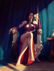 1girls bare_legs bare_shoulders big_breasts black_dragonflight blizzard_entertainment breasts brown_hair crossed_legs female female_only gold_eyes krysdecker lady_katrana_prestor looking_at_viewer onyxia red_lipstick red_toenails smiling smiling_at_viewer solo solo_female source_request void_corruption_(warcraft) warcraft world_of_warcraft