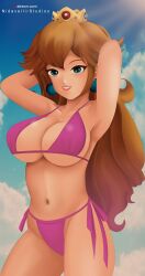 1girls 2023 beach big_breasts big_thighs bikini bikini_top blonde_hair blue_eyes breasts cleavage cloud crown earrings female female_only hands_behind_head light-skinned_female light_skin long_hair mario_(series) navel nidavellirstudios nintendo outdoors pink_bikini princess_peach side-tie_bikini sky sky_background smiling smiling_at_viewer solo standing swimsuit tagme thick thick_hips thick_thighs thighs wide_hips yellow_hair