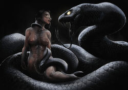 ambiguous_gender animal_humanoid black_background black_body black_hair black_scales bodily_fluids breasts coiling detailed detailed_scales duo fangs female female/ambiguous feral forked_tongue glistening glistening_body glistening_scales glistening_skin glowing glowing_eyes hair hi_res human_to_feral humanoid hypnosis long_tongue looking_at_another mid_transformation mind_control nipples rakisha reptile reptile_humanoid saliva saliva_on_tongue saliva_string scales scalie scalie_humanoid shaded shadow simple_background snake snake_humanoid species_transformation sweat tan_body tan_skin tongue tongue_out transformation yellow_eyes