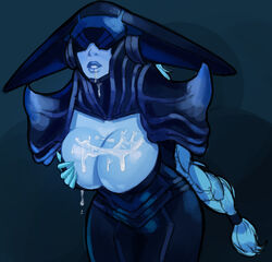 big_breasts blue_skin cleavage cum_on_breasts eyes_covered female_only league_of_legends leaning_forward lissandra rhydwyn shinrhydwyn