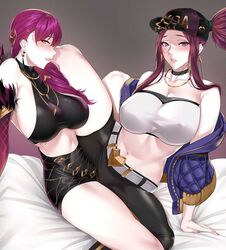 2girls akali bangs big_breasts blush breasts choker cleavage clothed clothed_sex clothes clothing earrings evelynn eyeliner female female_only hair_ornament hat hourglass_figure huge_breasts jacket jewelry jjanda k/da_akali k/da_evelynn k/da_series kimjunho large_breasts league_of_legends leg_lift lesbian long_hair looking_at_viewer makeup multiple_girls navel necklace nipple_bulge orange_eyes pale_skin parted_lips ponytail pubic_hair purple_eyes purple_hair red_hair scissoring sitting spread_legs strapless strapless_top strapless_topwear sweat tribadism tribadism_through_clothing tubetop yuri