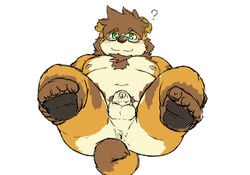 2019 ? anthro anus ass balls belly blush brown_body brown_fur canid canine canis domestic_dog eyewear flaccid fur genitals glasses hi_res humanoid_penis kemono male male_only mammal moobs navel nipples overweight overweight_male penis reddo12340 simple_background solo white_background young