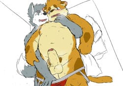 2019 anthro anthro_on_anthro balls belly blush bodily_fluids canid canine clothing duo erection felid feline genitals hi_res hug hugging_from_behind humanoid_hands humanoid_penis kemono male male/male mammal moobs navel nipples overweight overweight_male penis reddo12340 sweat underwear