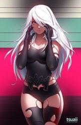 1girls android black_gloves elbow_gloves fair-skinned_female fair_skin female female_focus female_only hair_over_one_eye joints light-skinned_female light_skin lips long_hair looking_at_viewer nier nier:_automata silver_hair solo solo_female solo_focus standing tsuaii yorha_a2