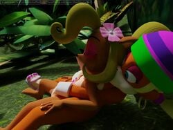 2girls 3d animated anthro coco_bandicoot crash_(series) crossover donkey_kong_(series) doublestuffed female female_only furry multiple_girls no_sound tagme tiny_kong video yuri