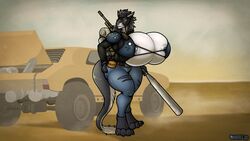 16:9 araidian_(artist) armor backpack baseball_bat bat_(object) big_breasts bottomwear breasts car chains clothing desert facial_piercing female gun hi_res huge_breasts hyper hyper_breasts jeans kraxah nipples nose_piercing nose_ring pants piercing post-apocalyptic ranged_weapon rule_63 sergal torn_bottomwear torn_clothing torn_jeans torn_pants vehicle weapon