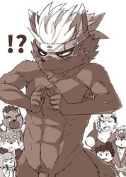 abs accessory black_body black_fur canid canine canis domestic_dog flaccid fur genitals goemon_(tokyo_afterschool_summoners) headband hijirinoyuta human male male_focus mammal moritaka ninja nude pecs penis public_nudity small_penis tadatomo tanetomo tokyo_afterschool_summoners video_games warrior yasuyori