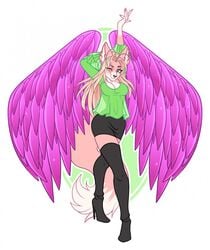 ahoge black_boots black_skirt blue_eyes breasts canine clothed crystal dipstick_tail donetis female long_hair mariah_veiethe nails pink_fur pink_hair wings wolf