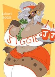 1girls 2020 anthro between_breasts big_breasts blush breasts canine chubby ezukapizumu female female_only furry glasses huge_breasts hyena jiggles large_breasts money shorts silver_(ezukapizumu) simple_background slightly_chubby smile solo thick_thighs thighs