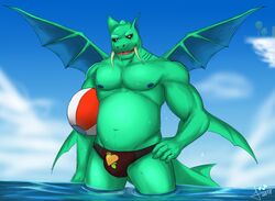 abs anthro bara beach_ball biceps bulge duke_fishron fat fat_man gay horny male male_only muscle muscles muscular nipples ocean penis speedo terraria trunks trunks_(clothing) trunks_briefs water wings