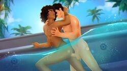 2boys anal_penetration anal_sex beach big_lips black_hair ceo_(fap_ceo_menstream) dark-skinned_male dark_brown_hair erect_nipples erection fap_ceo_menstream gay hand_behind_head hand_on_chest hand_on_neck imminent_kiss liam_(fap_ceo_menstream) long_hair naked palm_tree palm_trees partially_submerged partially_underwater_shot pool surfer swimmer twink underwater underwater_sex water waves wet_skin yaoi