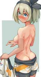 1girls areolae ass bea_(pokemon) blue_eyes blush breasts female grey_hair hairband human nintendo nipples pale-skinned_female pale_skin pokemon pokemon_ss rg_(artist) ribbon short_hair shorts sideboob solo sweat undressing