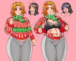 abs angry blush brown_hair christmas_sweater human human_only k-on! keigi_(artist) mio_akiyama_(k-on!) muscular muscular_female ripped_clothing ritsu_tainaka_(k-on!) short_hair sportswear thick_thighs ugly_sweater yoga_pants