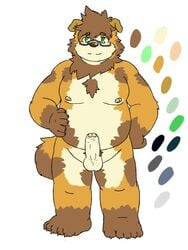 2019 absurd_res anthro balls belly brown_body brown_fur canid canine canis domestic_dog erection eyewear fur genitals glasses green_eyes hi_res humanoid_hands humanoid_penis kemono male male_only mammal moobs nipples penis reddo12340 slightly_chubby solo