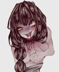 1girls 1other ahegao amagirae_(neregura) beige_lips beige_lipstick black_eyelashes bleeding bleeding_eyes blood blood_drip blood_dripping blood_from_eyes blood_from_mouth blood_leaking blood_on_body blood_on_chest blood_on_face blood_on_mouth blood_on_neck bloody_tears blush braid breasts brown_hair canon_design collarbone crazy_smile double_eyebrows eyebrows eyebrows_visible_through_hair eyelashes eyelashes_visible_through_hair female gore grabbing grabbing_from_behind grey_background grey_kimono grope grope_from_behind guro half_body highlights highlights_(coloring) japanese_clothes kimono kimono_down kimono_removed light_blush long_hair mai_shishikusa masa_works_design navel no_areola no_bra no_nipples non-web_source oni_to_kitsune_no_hanashi pale pale_body pale_skin red_eyelashes red_eyes sanpaku self_upload sharp_teeth shiny shiny_hair shiny_skin shrunken_pupils simple_background single_braid slit slit_throat touching_breast zombie zombie_girl