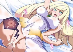 1boy 1girls aether_foundation alternate_breast_size aqua_eyes arm_behind_head ass bare_shoulders bed bed_sheet big_breasts blonde_hair blue_eyes blush bottomless breasts censored clothed_sex covered_nipples cum cum_in_pussy cum_inside dress edit erect_nipples eye_contact eyelashes female hair_over_one_eye half-closed_eyes heart human impregnation long_blonde_hair long_hair looking_at_viewer lusamine_(pokemon) lying milf missionary mosaic_censoring mother nintendo on_back ovum penis pokemon pokemon_sm pussy saliva sex short_dress sleeveless sleeveless_dress smile solo_focus source_request spread_legs straight sweat text thick_thighs tongue vaginal_penetration very_long_hair washizuka_shou wet white_legwear wide_hips x-ray