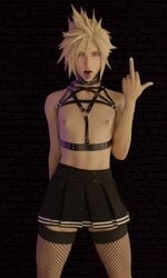 1boy 3d 3d_(artwork) androgynous blonde_hair blue_eyes cloud_strife collar crossdressing emberstock femboy final_fantasy final_fantasy_vii final_fantasy_vii_remake fishnets gay girly hard_nipples human human_only light-skinned_femboy light-skinned_male light_skin looking_at_viewer male male_focus male_only middle_finger nipple_piercing pierced_nipples skirt solo square_enix tongue_out trap uncensored yaoi